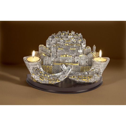 Candle Holder - 2 Shofars - Holy Land Gifts