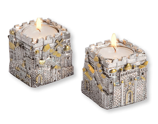 Jerusalem Cubic Silver Candleholder Set
