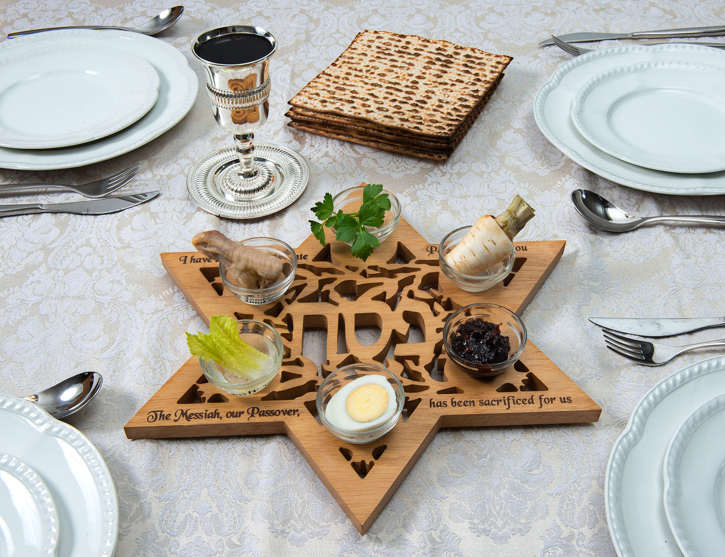 Passover Wood Plate with Glass Bowls