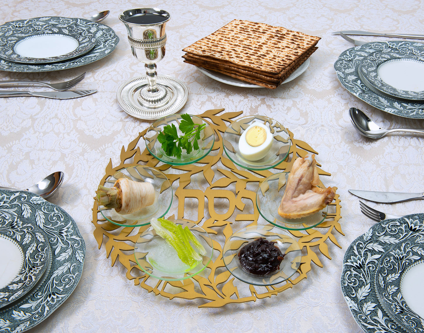 Gold-plated Passover Plate with Glass Bowls
