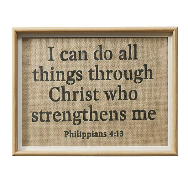 Framed text with Philippians 4:13 quote on a beige background