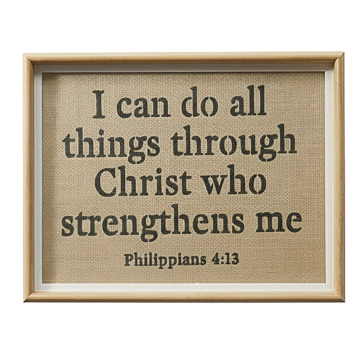 Framed text with Philippians 4:13 quote on a beige background
