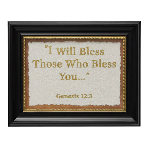 Framed text with 'I Will Bless Those Who Bless You... Genesis 12:3' on a white background