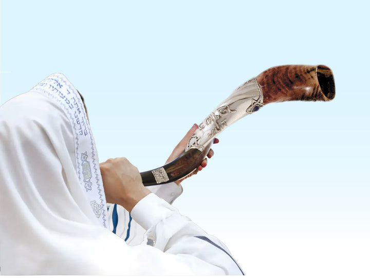 Silver-Plated "Blow the Trumpet in Zion" Yemenite Shofar 26"- 31" - Holy Land Gifts