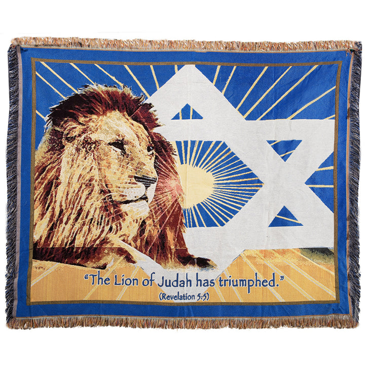 Blanket with a lion and Star of David design, featuring the text 'The Lion of Judah has triumphed.'