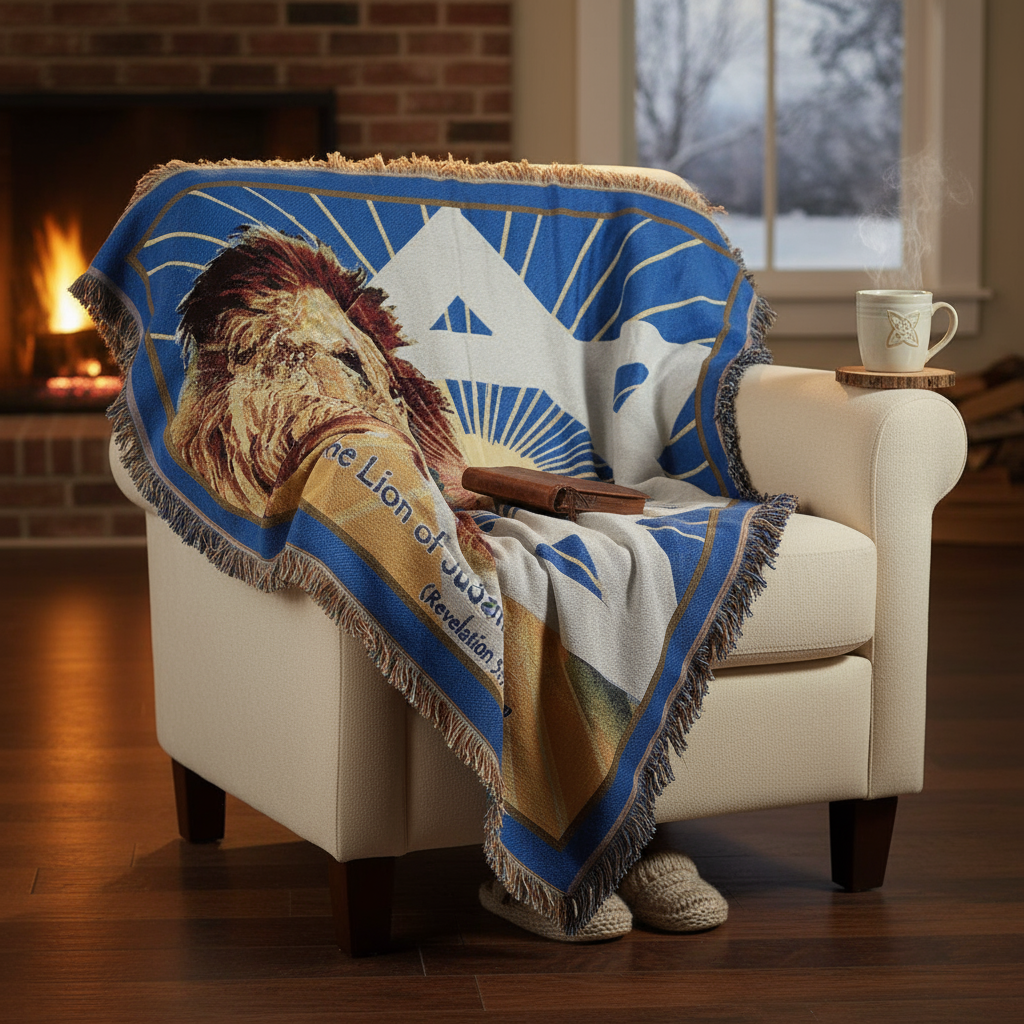 Blanket with a lion design draped over a chair in a cozy living room.