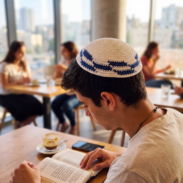 White & Blue Crocheted Kippah - Holy Land Gifts