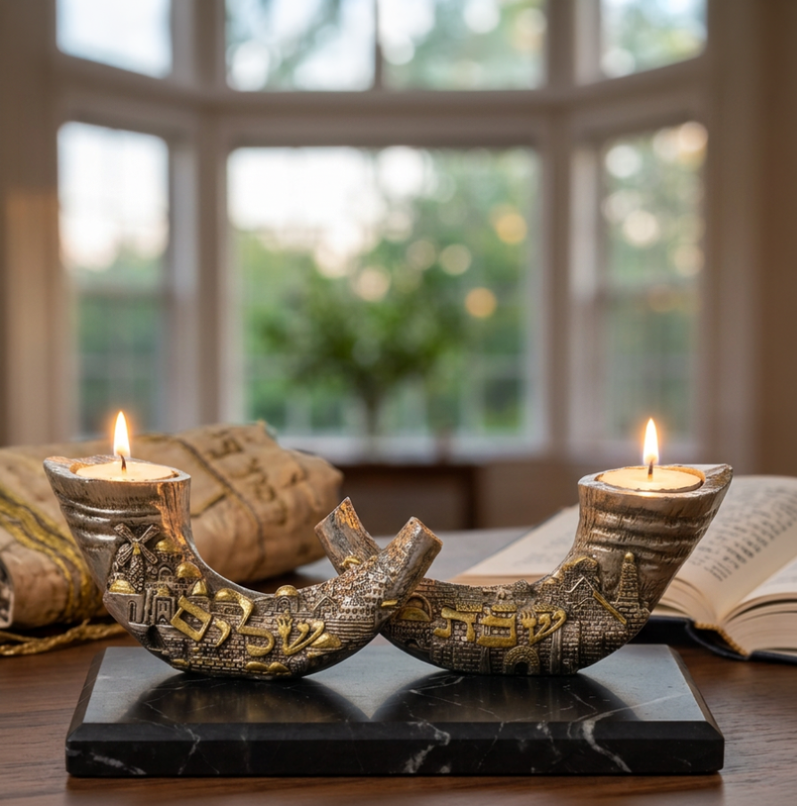 Sabbath Shofars Candleholder on a Marble Base