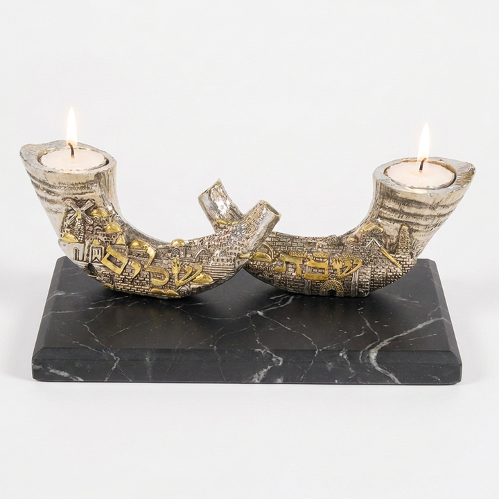 Sabbath Shofars Candleholder on a Marble Base - Holy Land Gifts