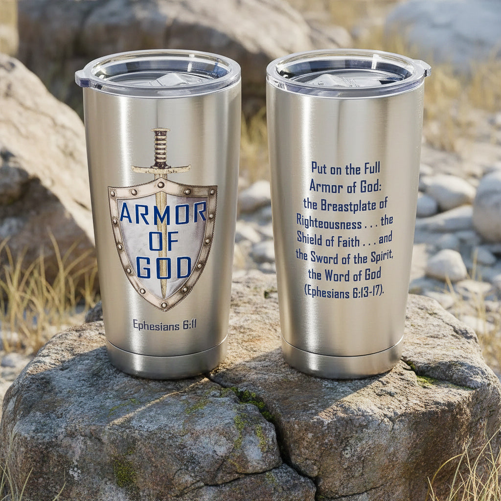 Stainless steel tumbler with 'Armor of God' design and text on a rocky surface.