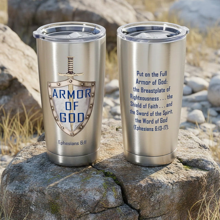 Stainless steel tumbler with 'Armor of God' design and text on a rocky surface.