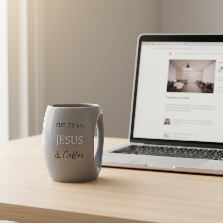 Gray mug with 'Fueled by Jesus & Coffee' text on a desk next to a laptop.