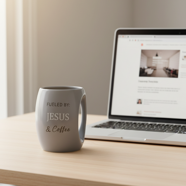 Gray mug with 'Fueled by Jesus & Coffee' text on a desk next to a laptop.