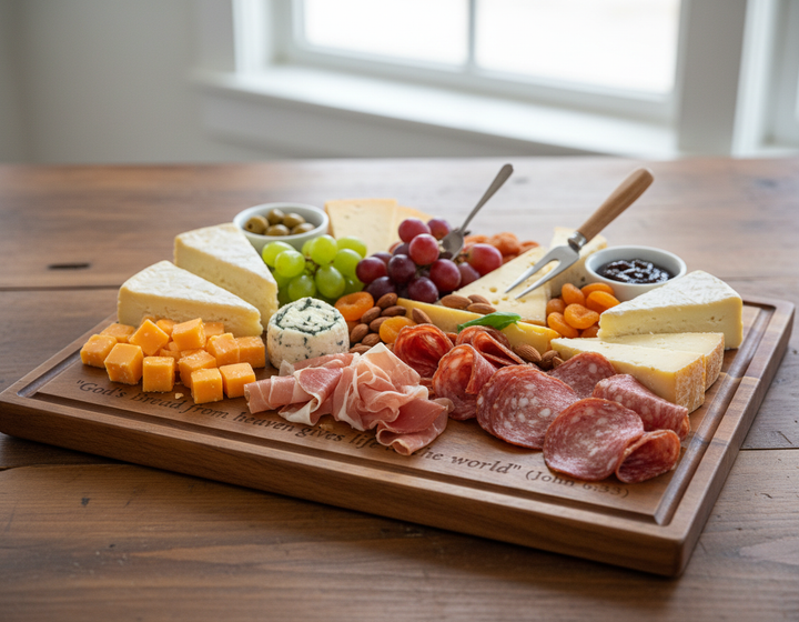 Wooden charcuterie board with scripture with meats, cheeses, and fruits on a wooden table.