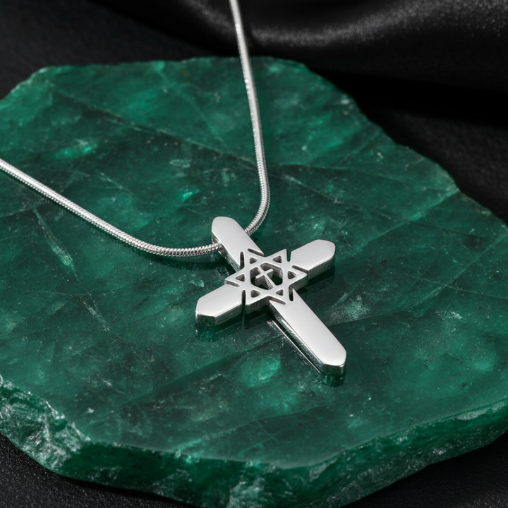 Silver necklace with a cross and star-shaped pendant on a green stone surface