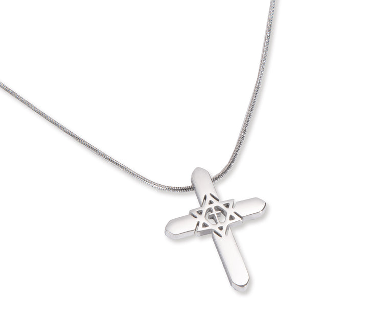 A necklace with a pendant featuring a polished cross intertwined with the Star of David.