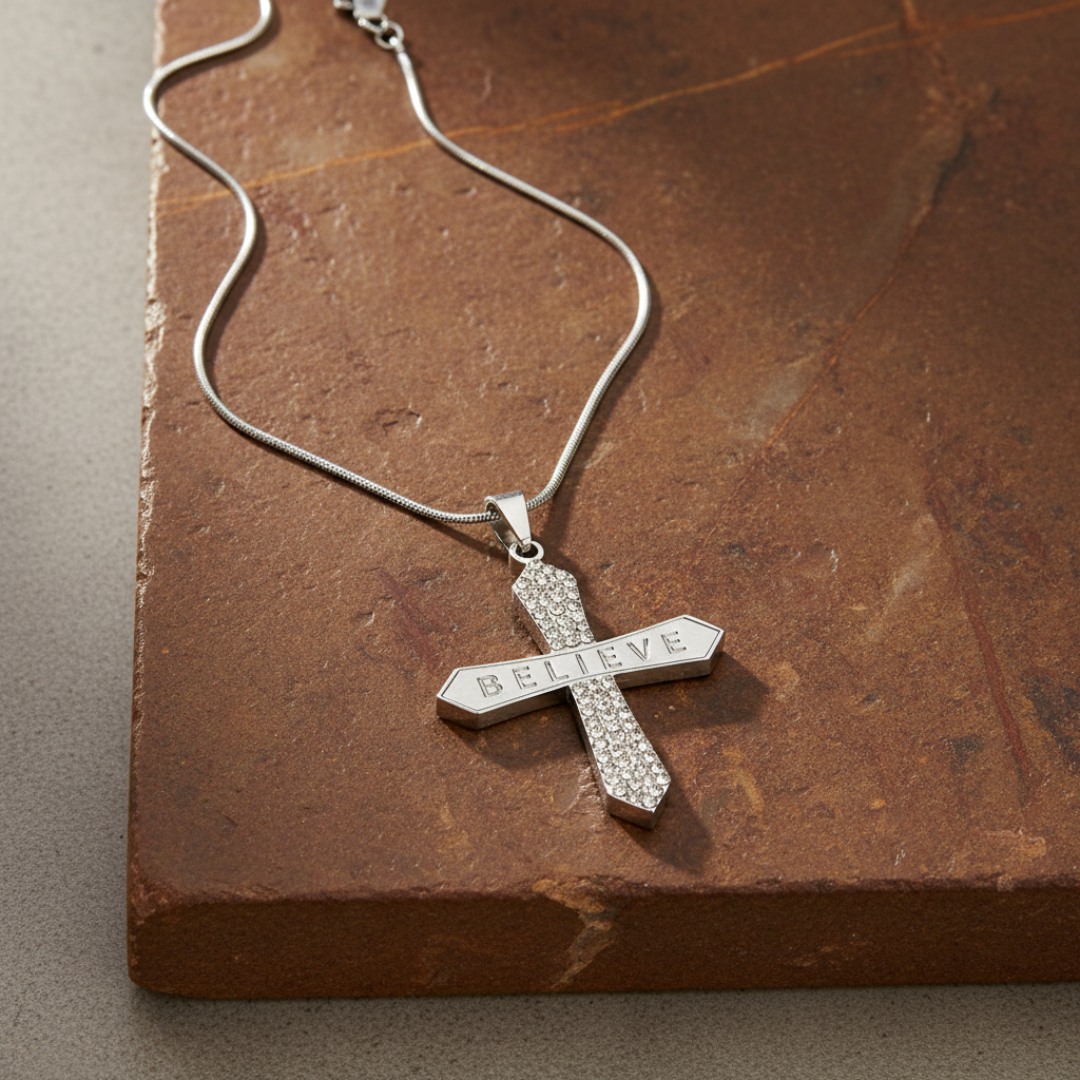 Silver cross pendant with 'BELIEVE' engraving on a stone surface