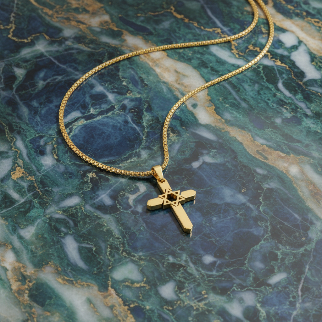 Gold necklace with a cross pendant on a green marble surface