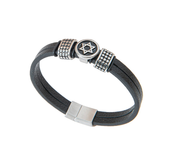 Black leather bracelet with silver clasp and Star of David charm on a white background