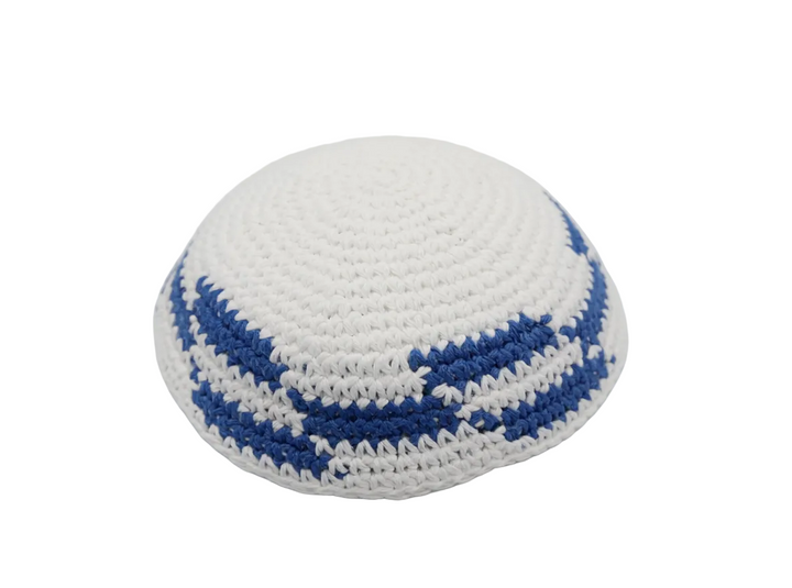 White and blue striped knitted kippah 