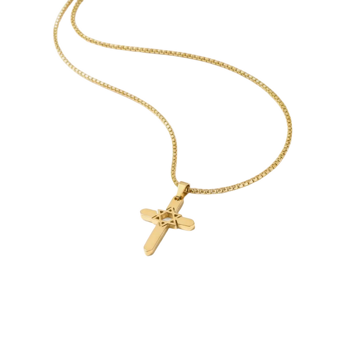 Gold necklace with a cross pendant on a light gray background