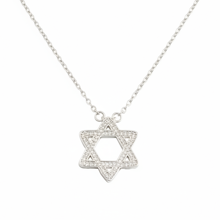 Silver Star of David necklace on a white background.