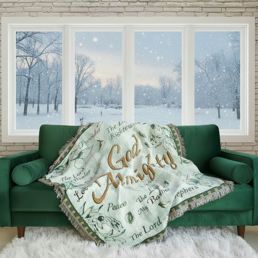 Green sofa with a decorative blanket featuring text, in front of a window showing a snowy landscape.