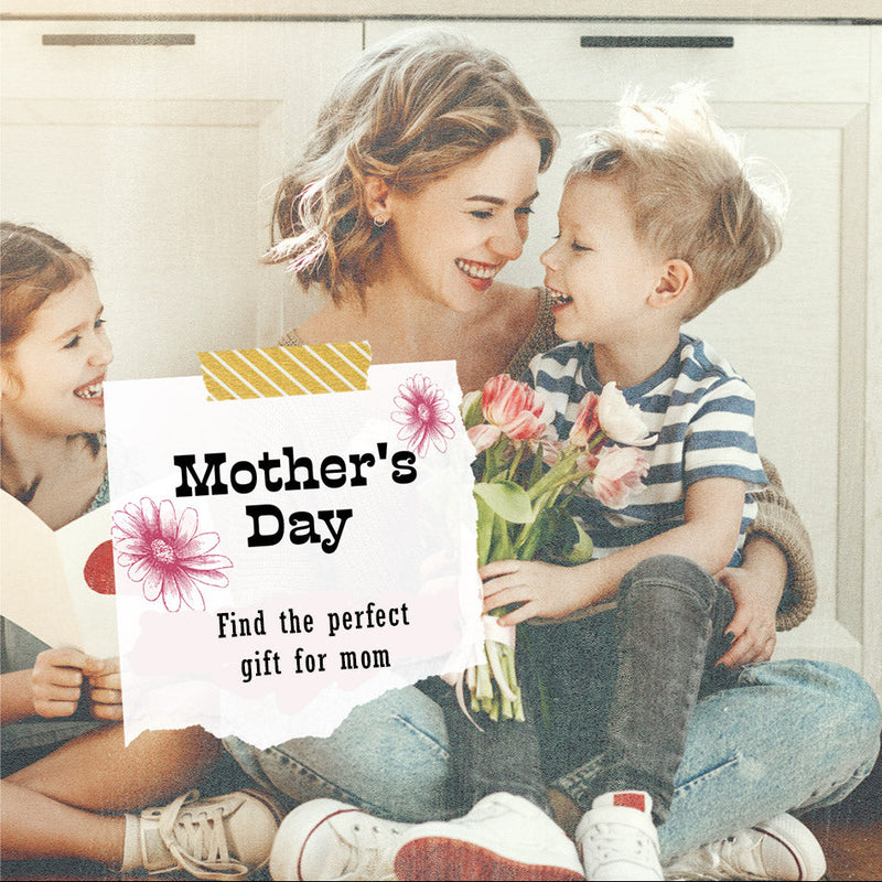 Woman with two children, one holding flowers, with a 'Mother's Day' card overlay.