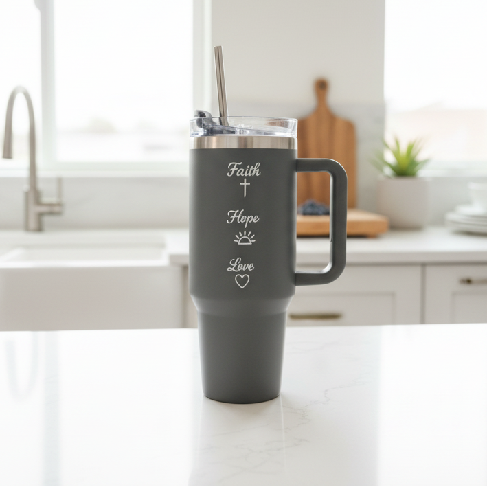 Gray travel mug with 'Faith Hope Love' text on a kitchen counter