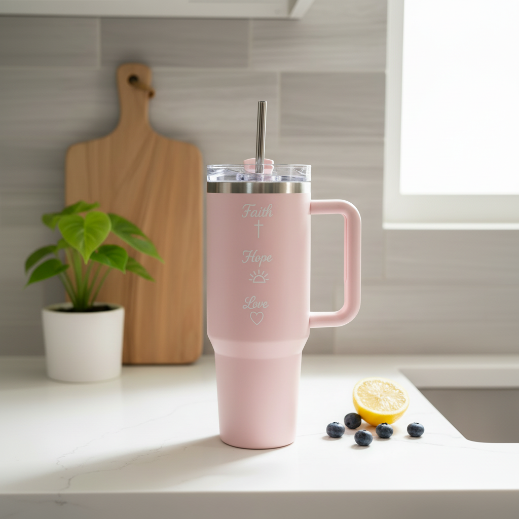 Pink insulated mug with handle on a kitchen counter, featuring motivational text.