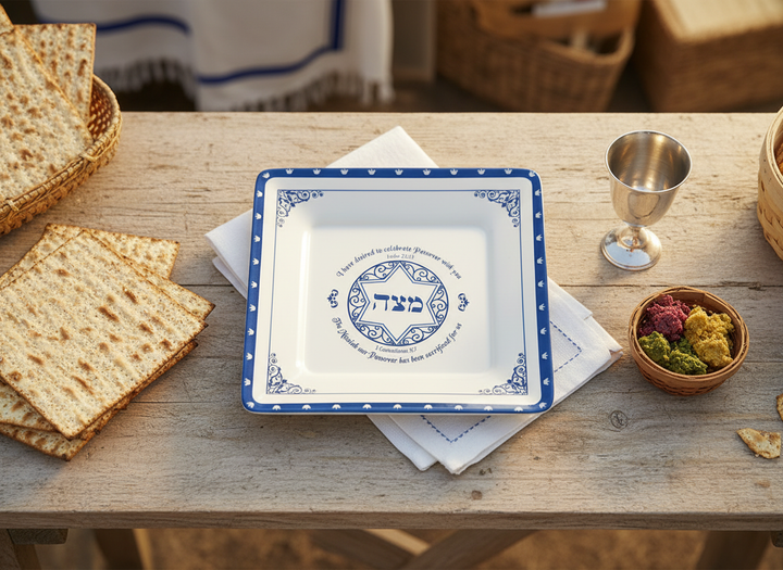 Seder matzah plate with Passover symbols on a wooden table with matzah and a cup.