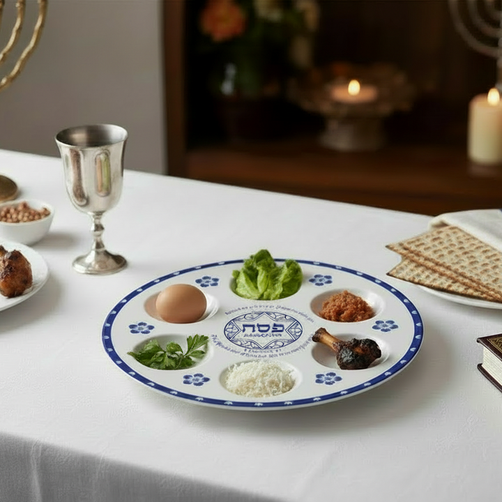 Seder plate with food items on a table, including matzah and a Menorah in the background.