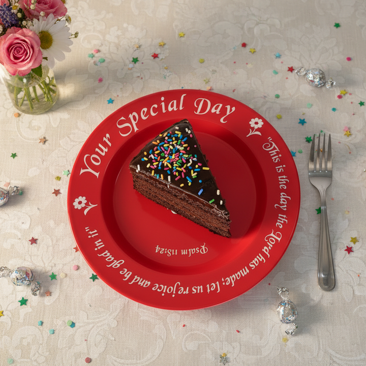 Red plate with a slice of chocolate cake and 'Your Special Day' text on a decorative tablecloth.