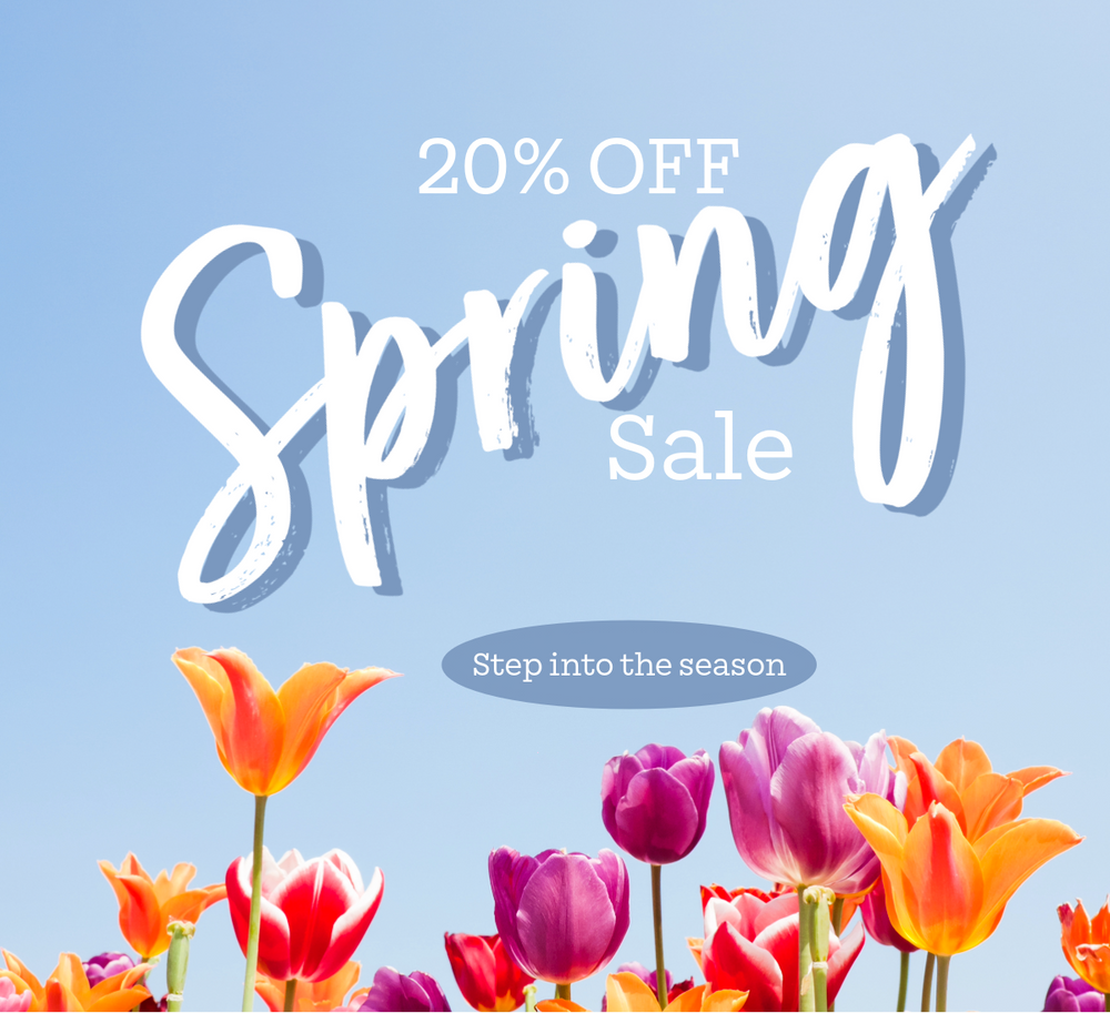 Spring sale advertisement with tulips on a blue background