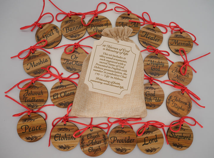 Names of God Olivewood Christmas Ornament Gift Set (18 Ornaments)