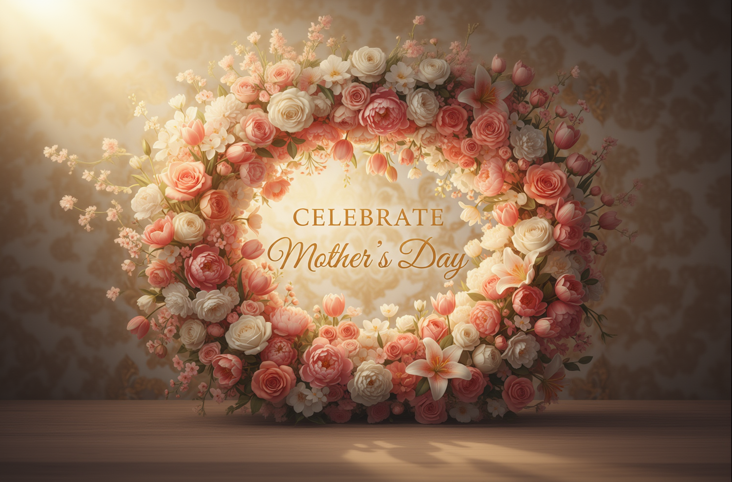 Floral wreath with 'Celebrate Mother's Day' text on a warm background