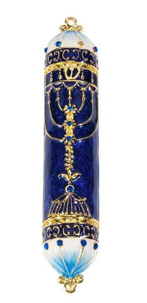 Blue and Gold Menorah Pewter Mezuzah - Holy Land Gifts