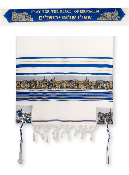 Pray for the Peace of Jerusalem Shawl in Blue and Gold